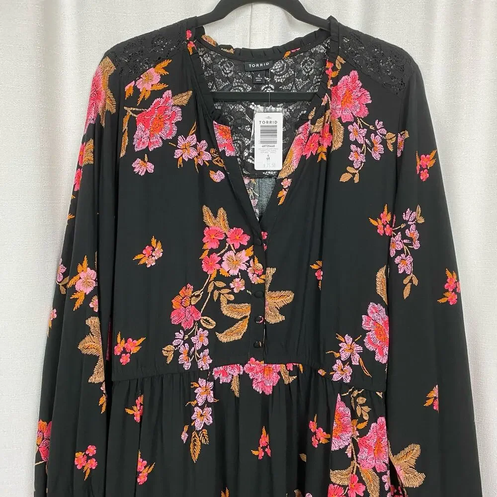 Torrid Black&Pink Floral Challis Mini Shirt Dress Sz.4 NWT - Picture 6 of 16